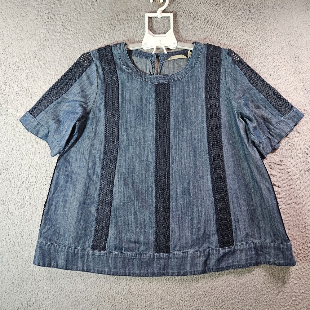 Soft Surroundings Top Women Medium Lace Detailed‎ Denim Blue Short Sleeve